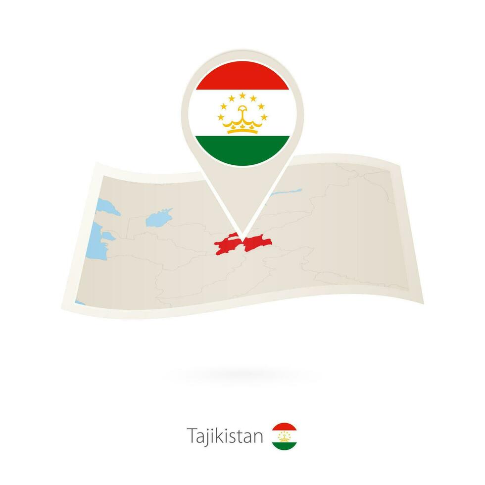 Folded paper map of Tajikistan with flag pin of Tajikistan. vector
