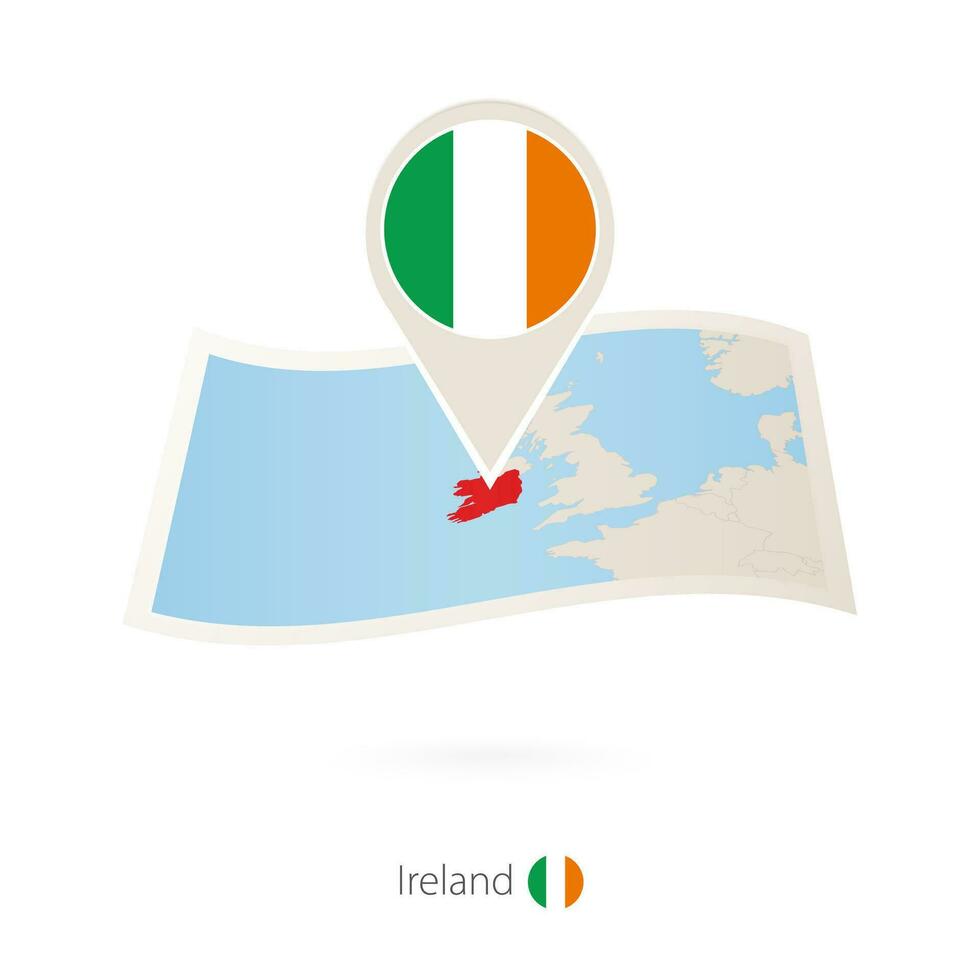 Folded paper map of Ireland with flag pin of Ireland. vector