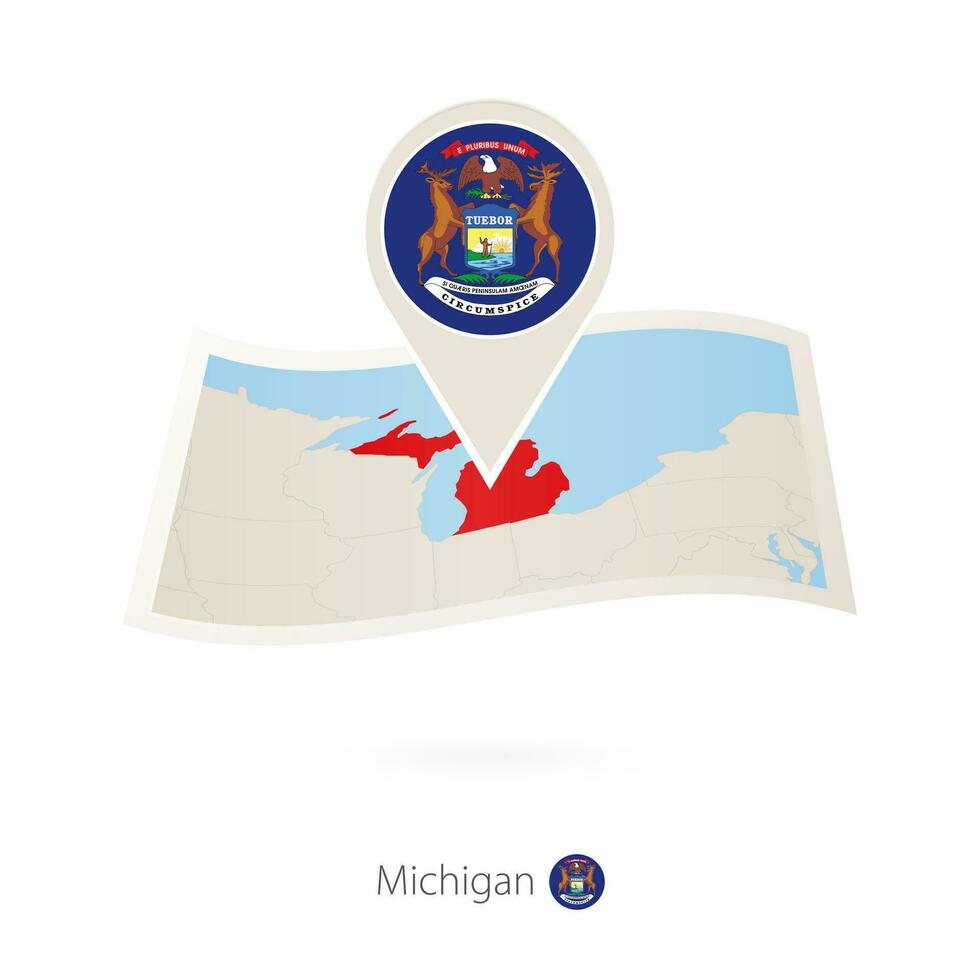 Folded paper map of Michigan U.S. State with flag pin of Michigan. vector