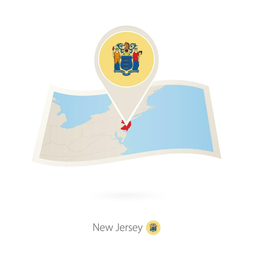 Folded paper map of New Jersey U.S. State with flag pin of New Jersey. vector