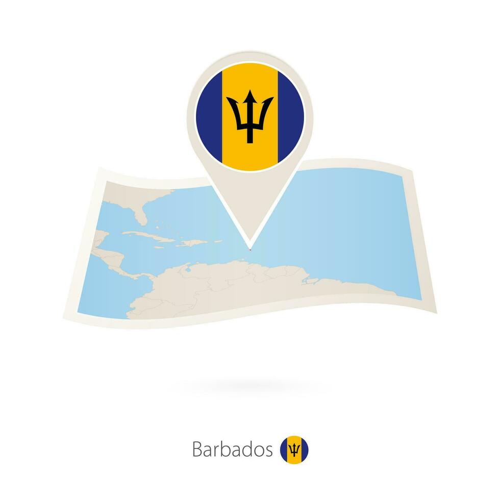 Folded paper map of Barbados with flag pin of Barbados. vector