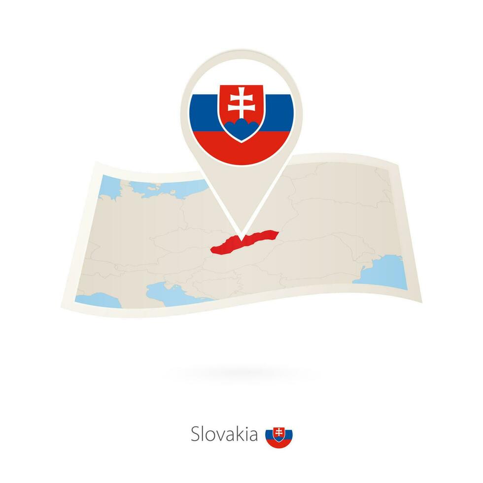 Folded paper map of Slovakia with flag pin of Slovakia. vector
