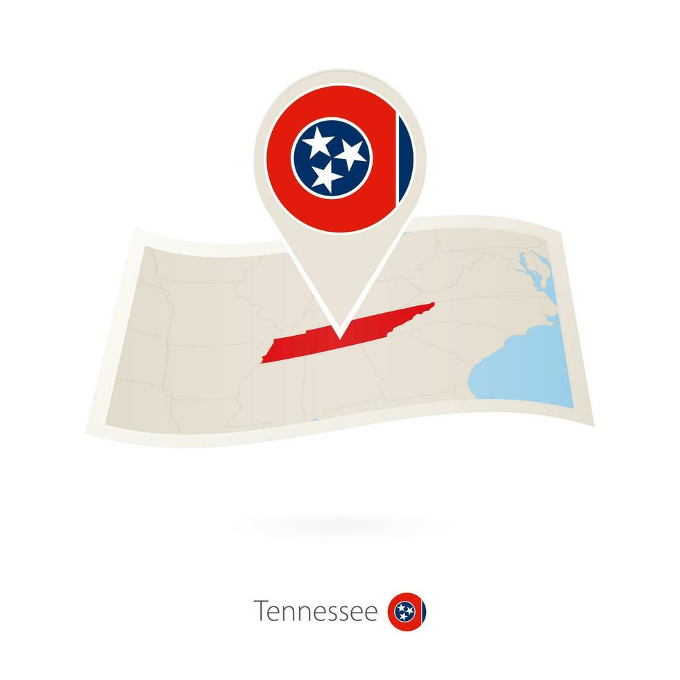 Folded paper map of Tennessee U.S. State with flag pin of Tennessee. vector