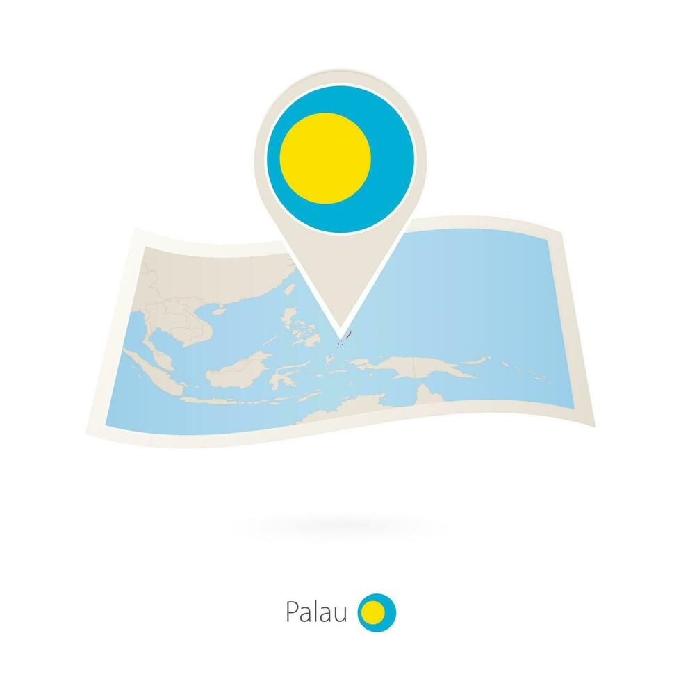 doblada papel mapa de palau con bandera alfiler de palau. vector