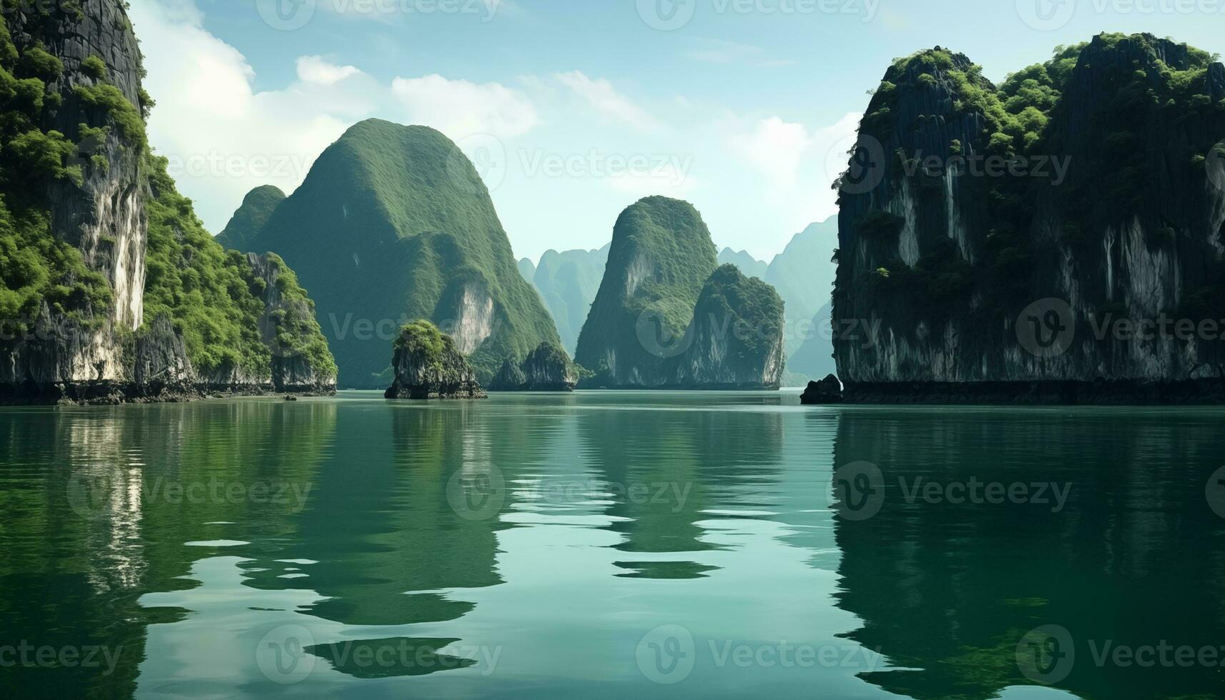 AI generated beautiful landscape of tropical coast with karst limestone islets and cliffs photo
