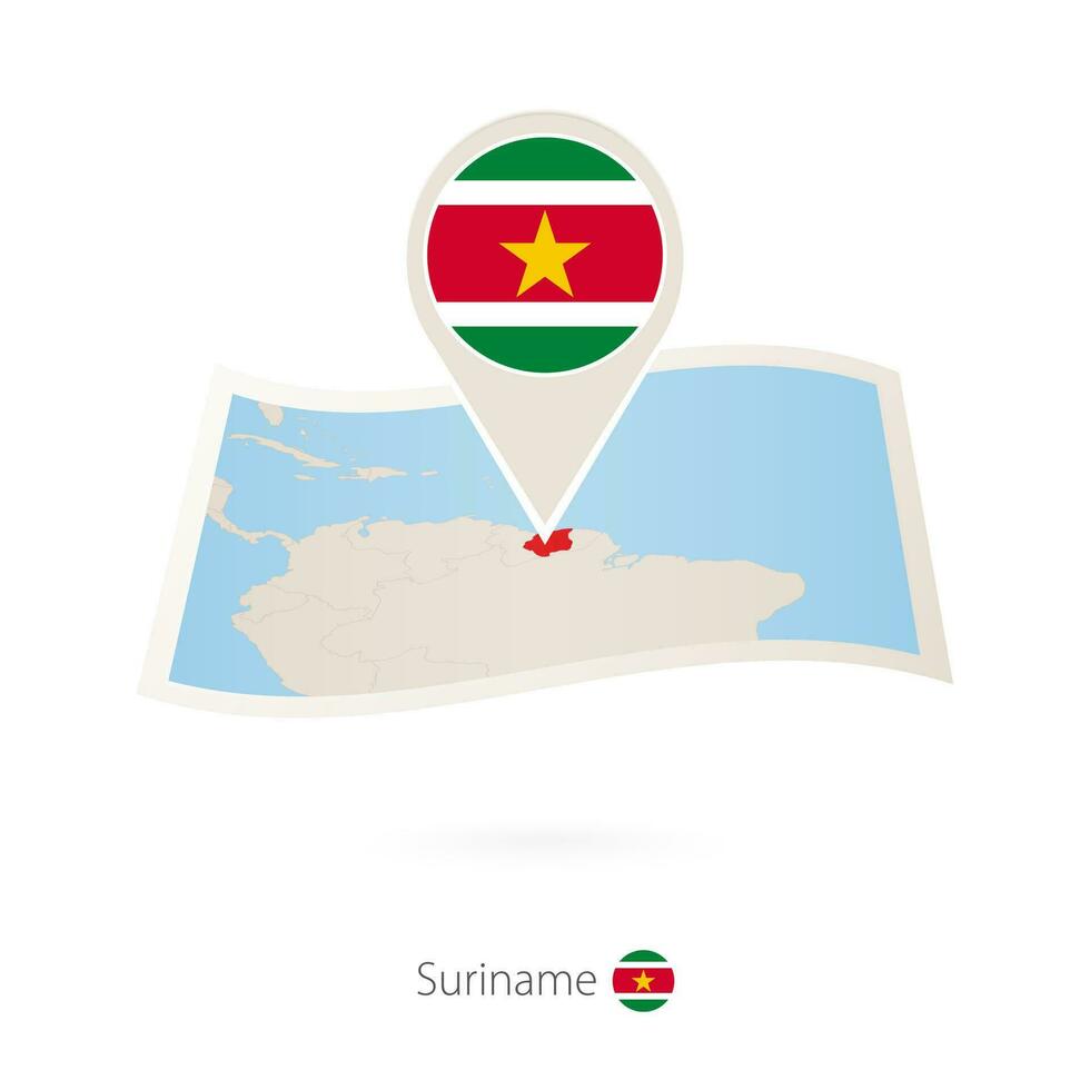 doblada papel mapa de Surinam con bandera alfiler de surinam vector