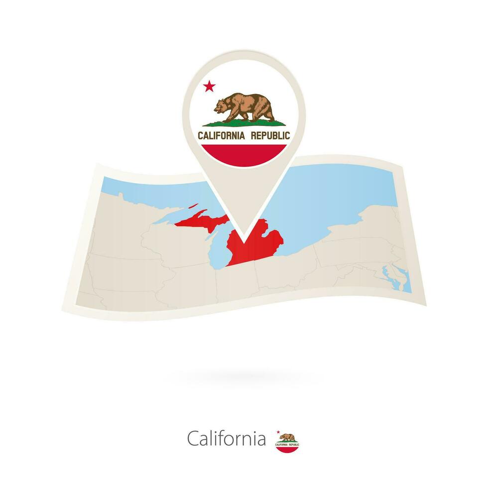 Folded paper map of California U.S. State with flag pin of California. vector