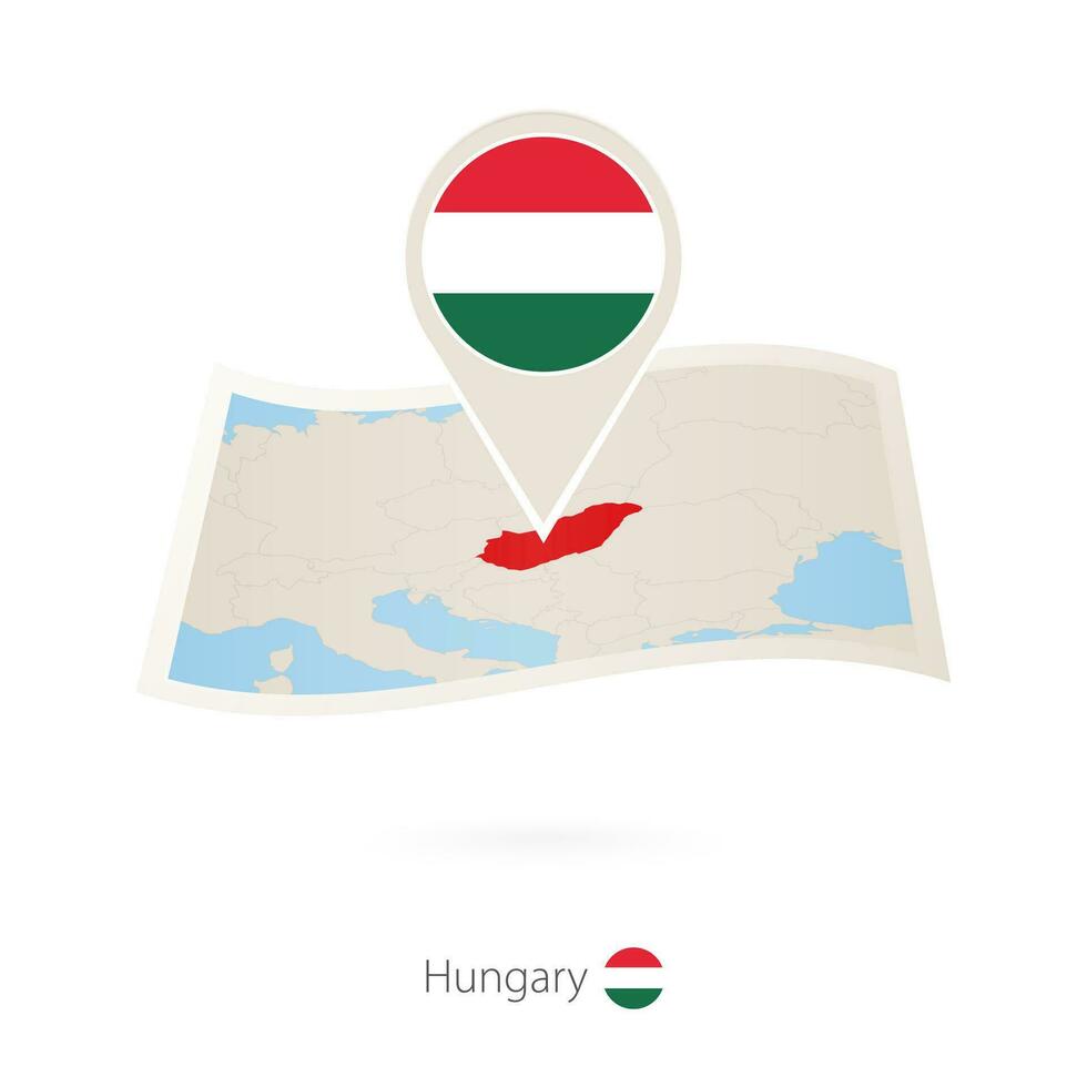 Folded paper map of Hungary with flag pin of Hungary. vector