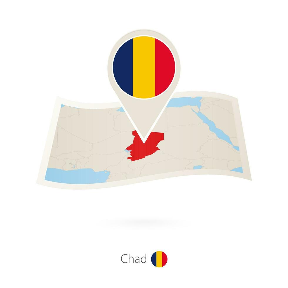 Folded paper map of Chad with flag pin of Chad. vector