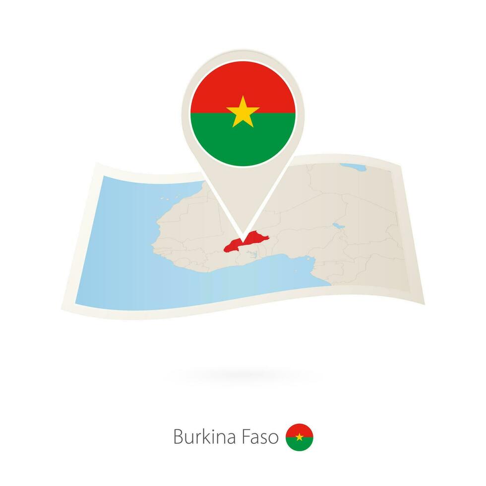 Folded paper map of Burkina Faso with flag pin of Burkina Faso. vector