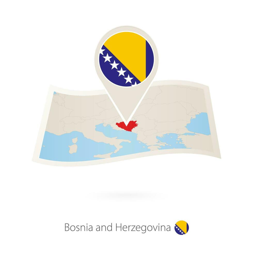 Folded paper map of Bosnia and Herzegovina with flag pin of Bosnia and Herzegovina. vector