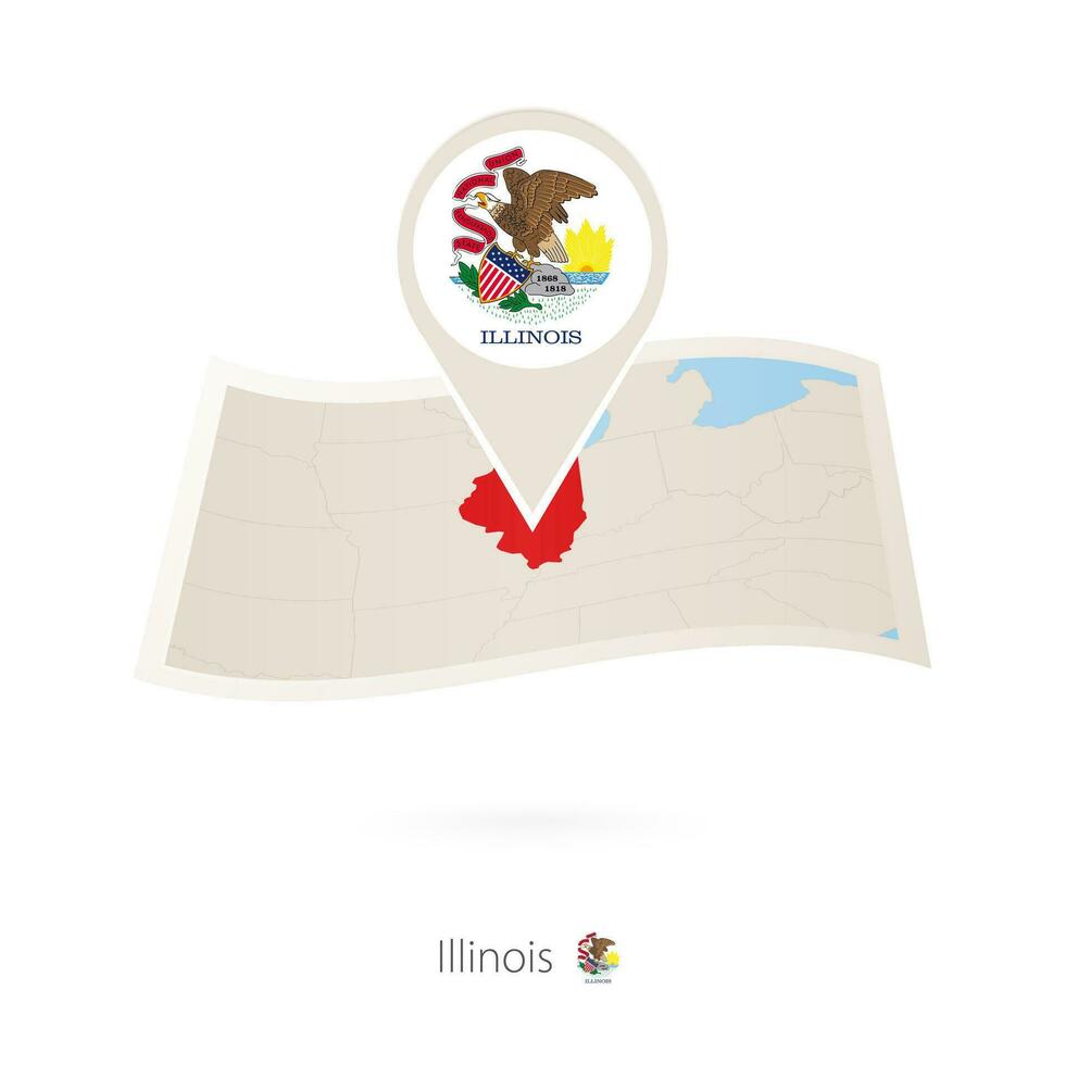 Folded paper map of Illinois  U.S. State with flag pin of Illinois. vector