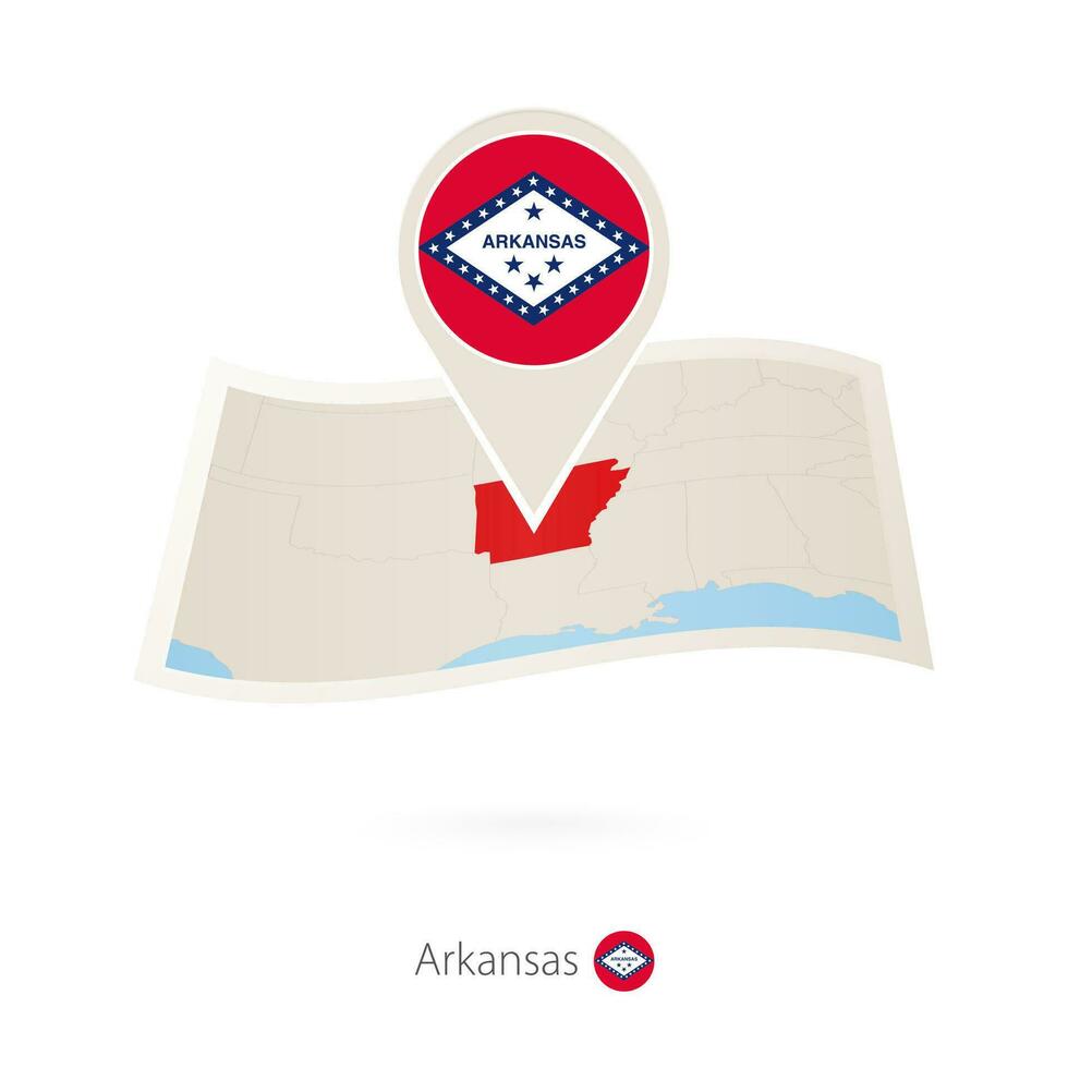 Folded paper map of Arkansas U.S. State with flag pin of Arkansas. vector