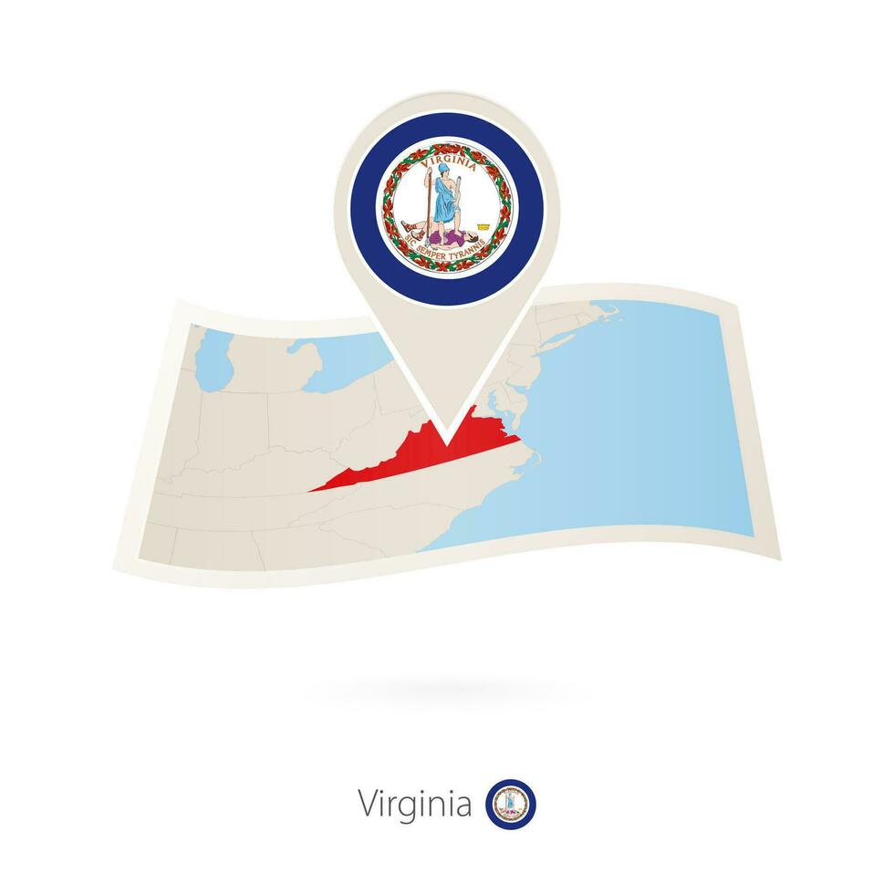 Folded paper map of Virginia  U.S. State with flag pin of Virginia. vector