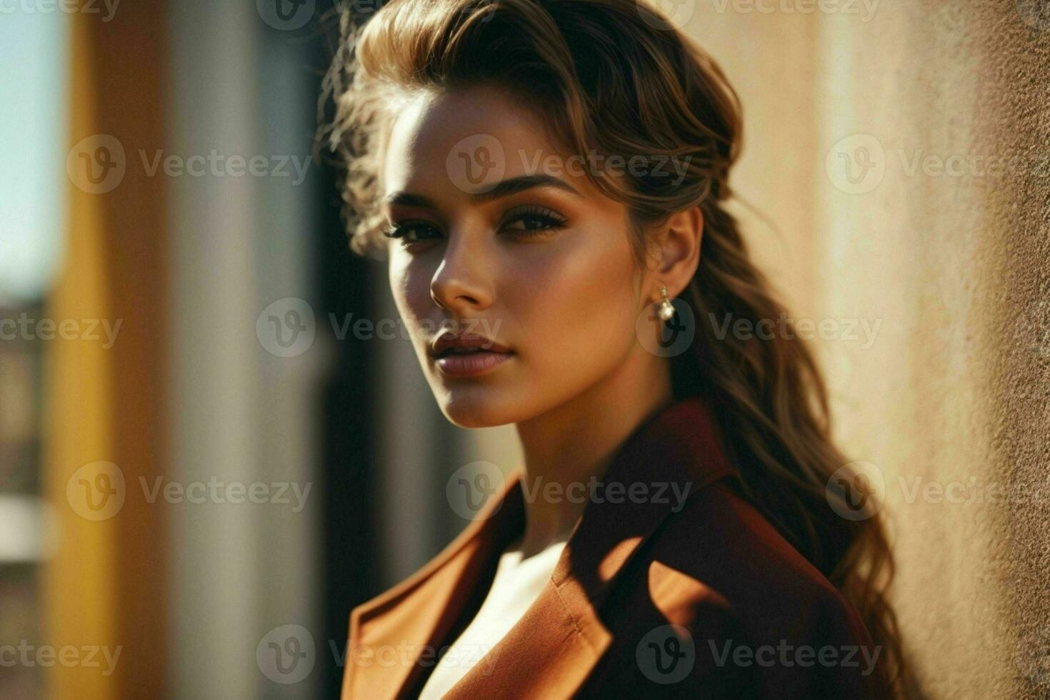 AI generated Stunning beautiful young woman with high contrast shadow and fashionable style photo