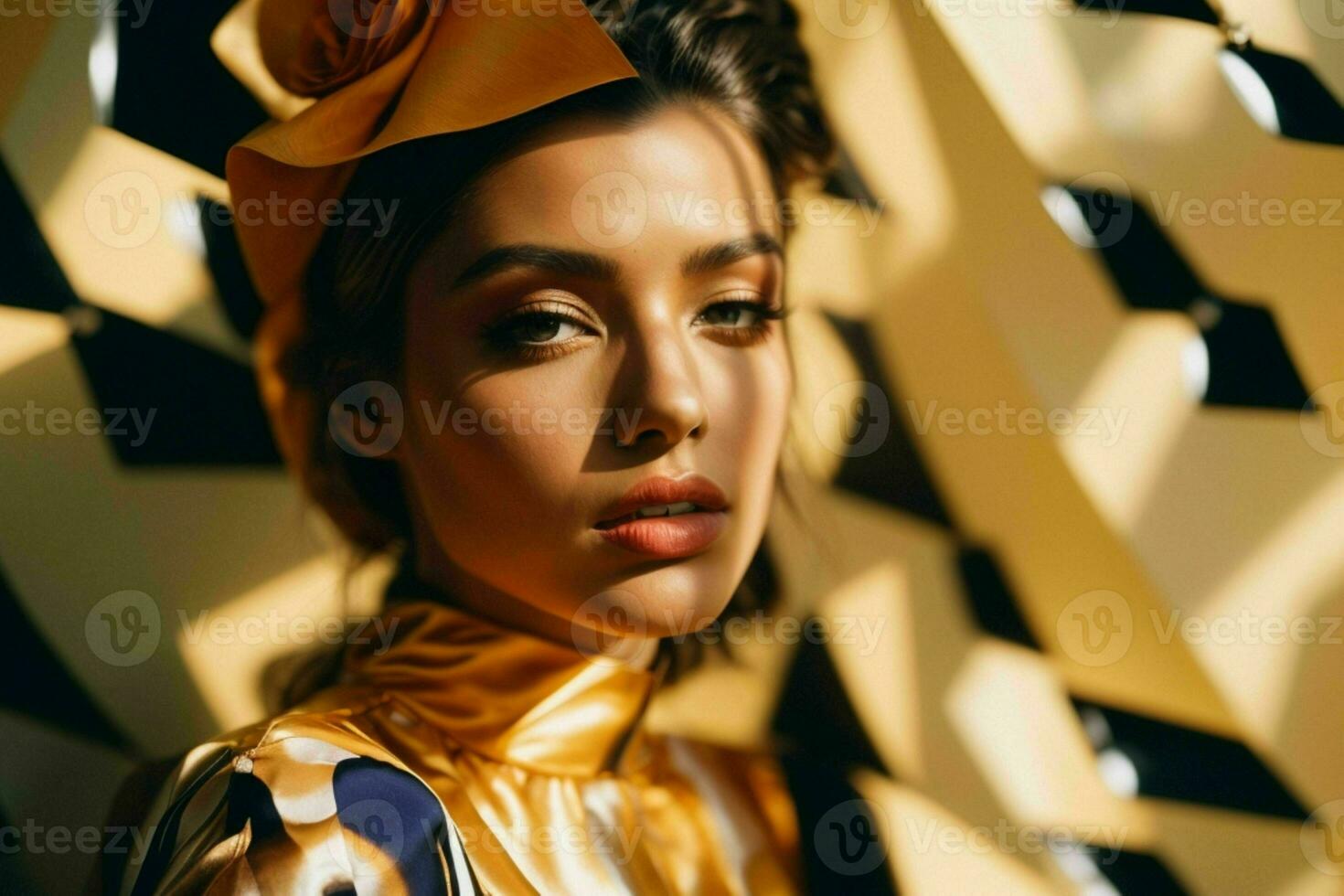 AI generated Stunning beautiful young woman with high contrast shadow and fashionable style photo