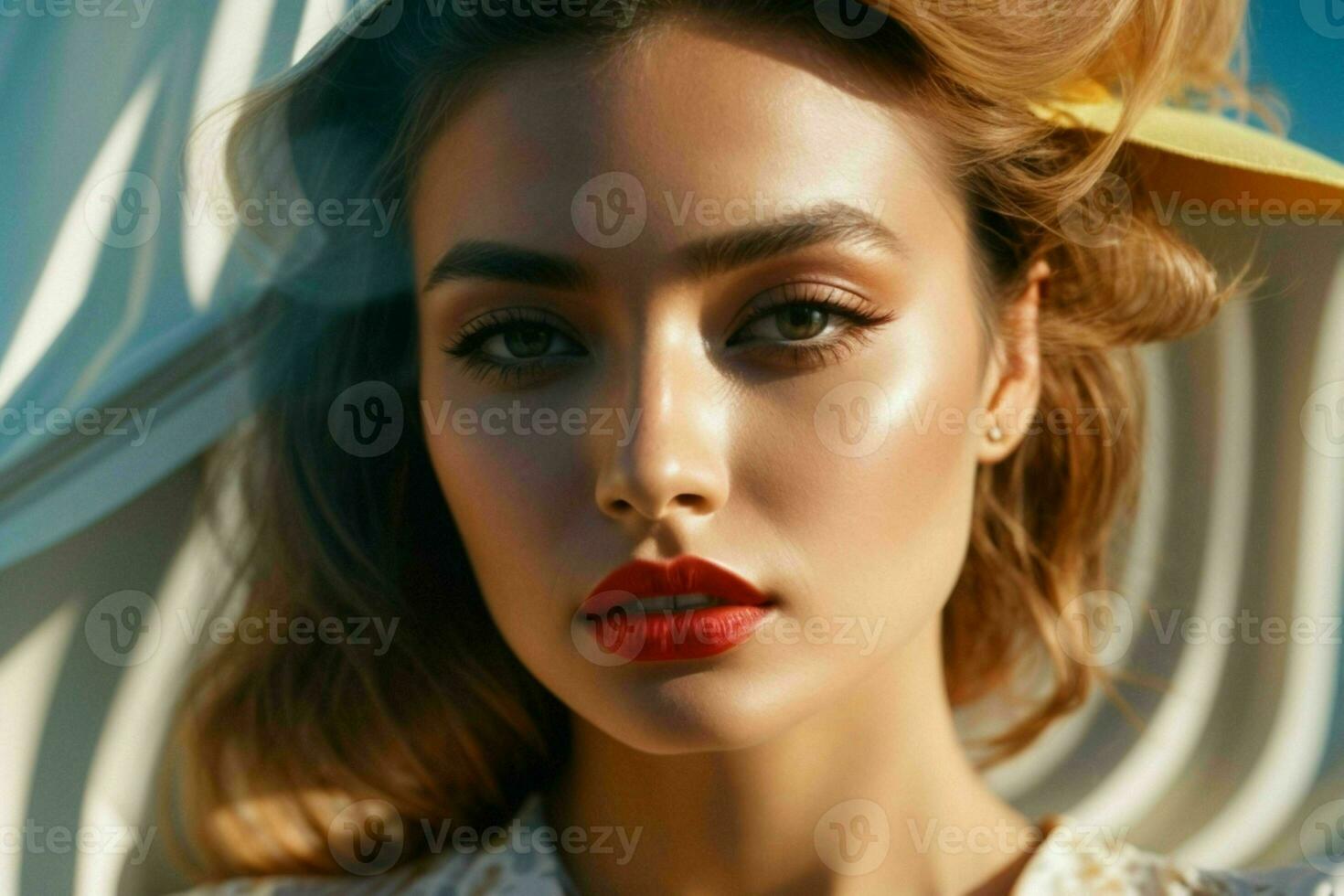 AI generated Stunning beautiful young woman with high contrast shadow and fashionable style photo