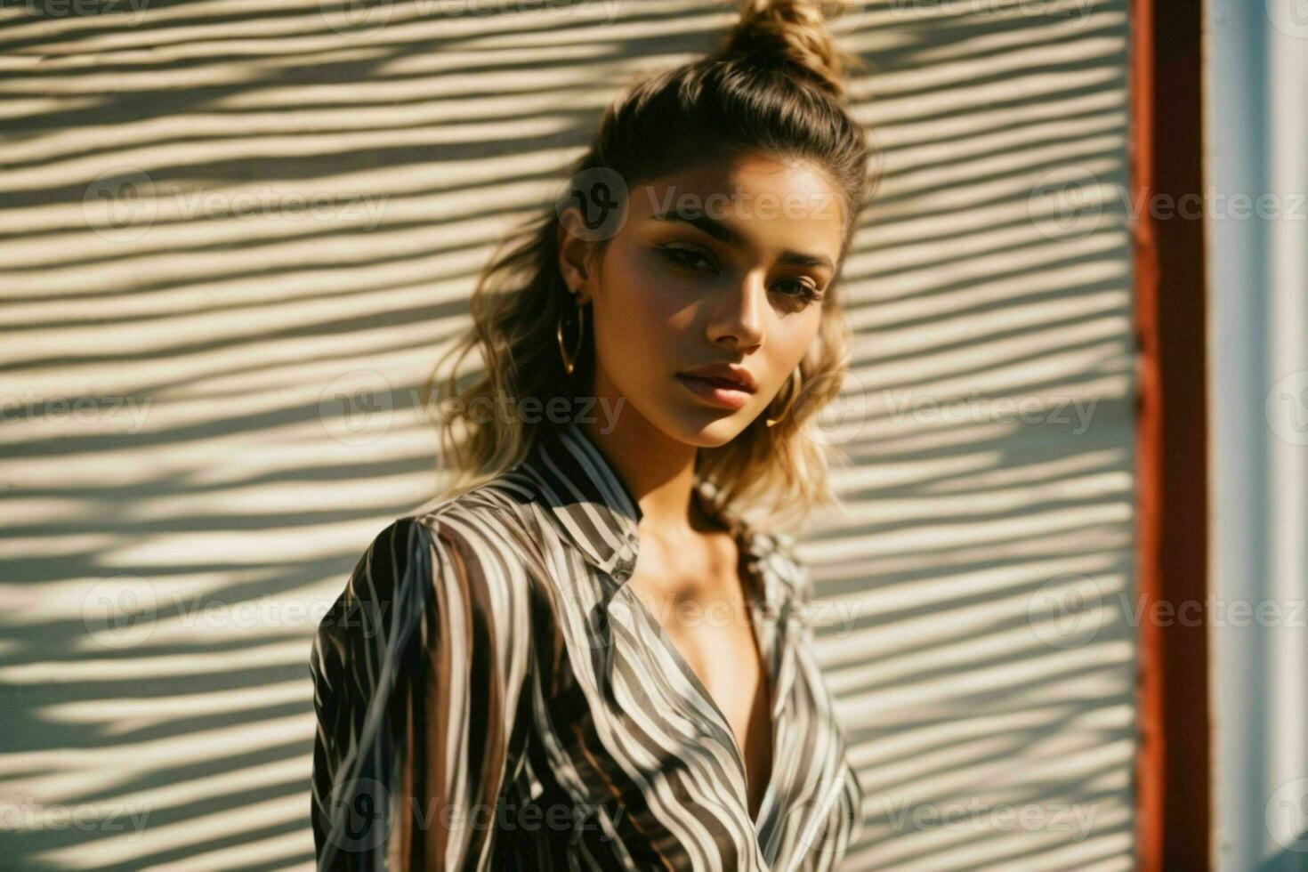 AI generated Stunning beautiful young woman with high contrast shadow and fashionable style photo