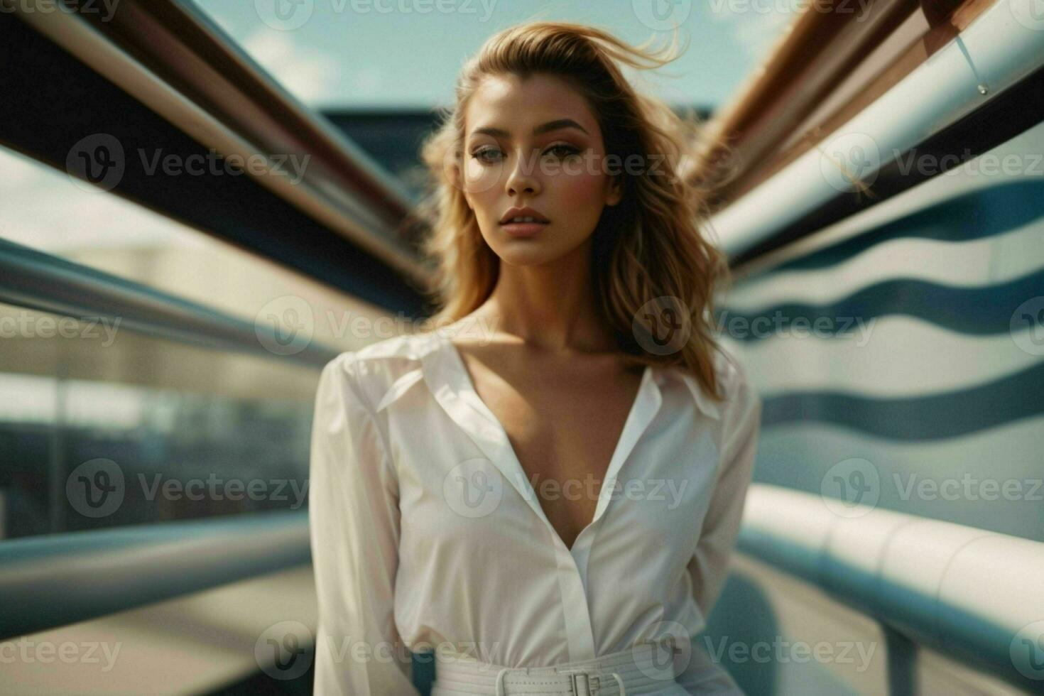 AI generated Stunning beautiful young woman with high contrast shadow and fashionable style photo