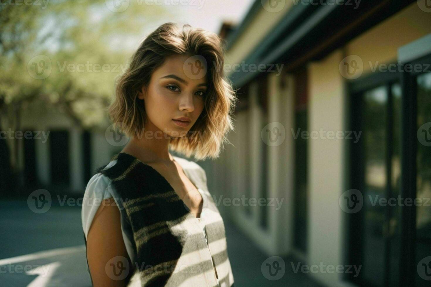 AI generated Stunning beautiful young woman with high contrast shadow and fashionable style photo