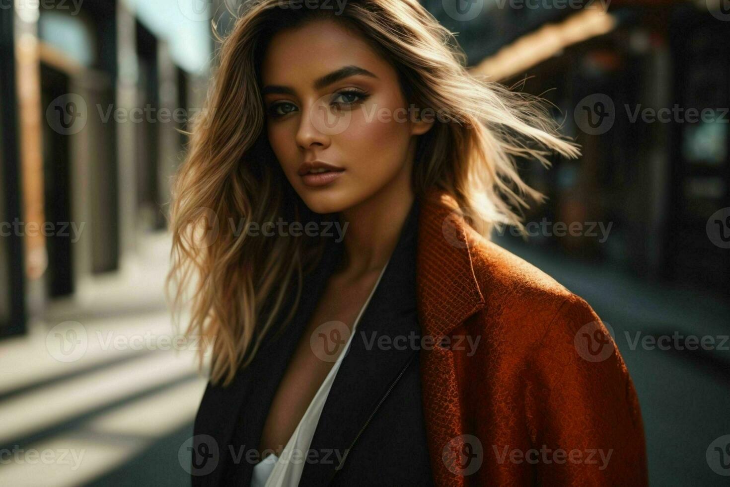 AI generated Stunning beautiful young woman with high contrast shadow and fashionable style photo