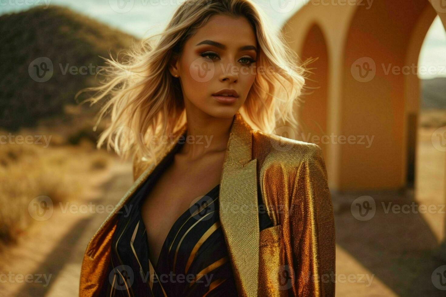 AI generated Stunning beautiful young woman with high contrast shadow and fashionable style photo