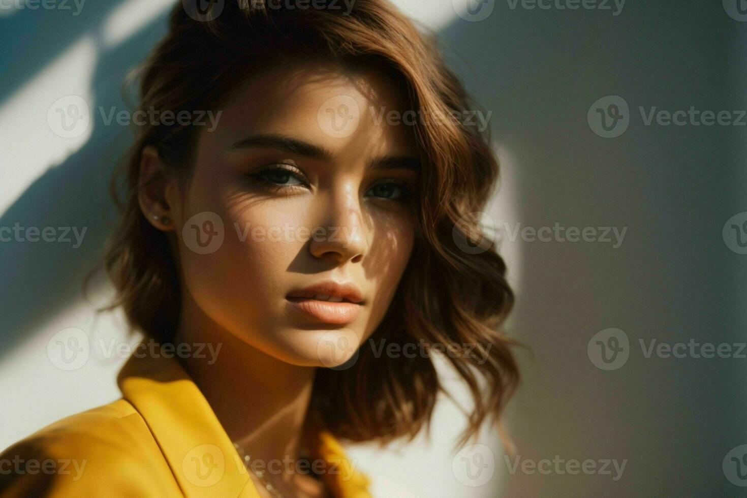 AI generated Stunning beautiful young woman with high contrast shadow and fashionable style photo