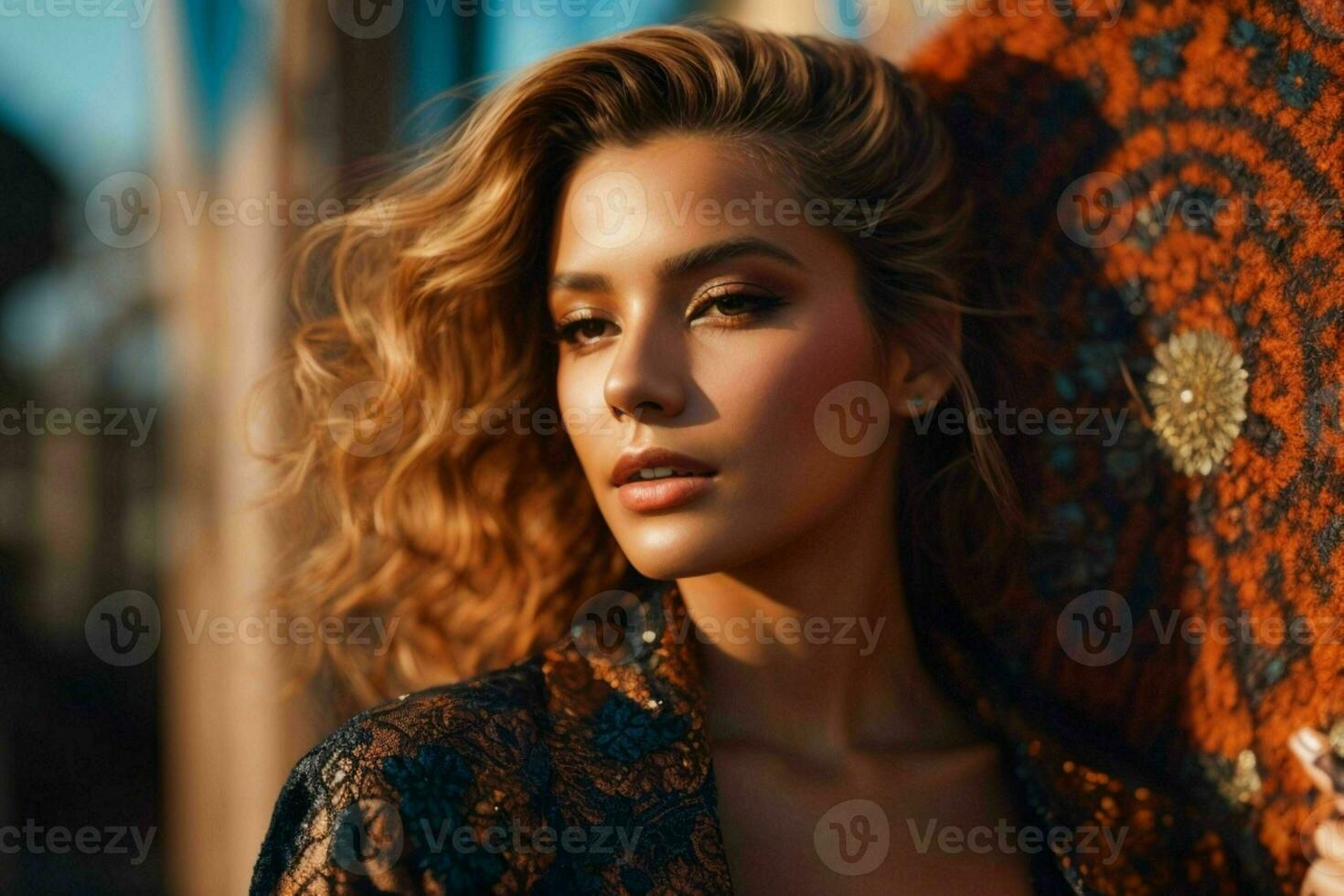AI generated Stunning beautiful young woman with high contrast shadow and fashionable style photo