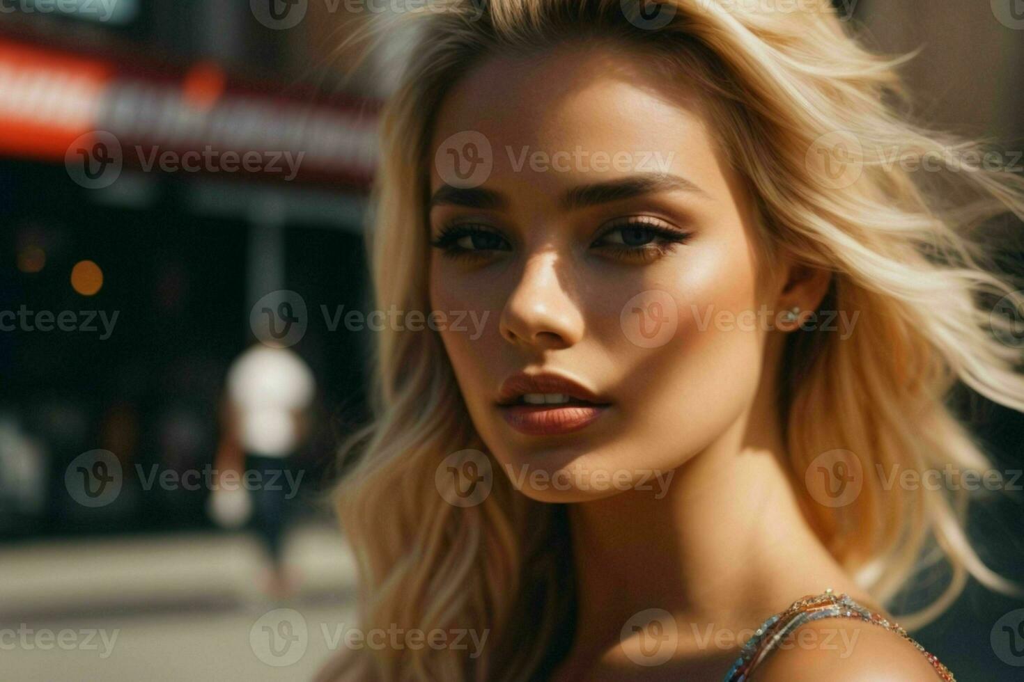 AI generated Stunning beautiful young woman with high contrast shadow and fashionable style photo