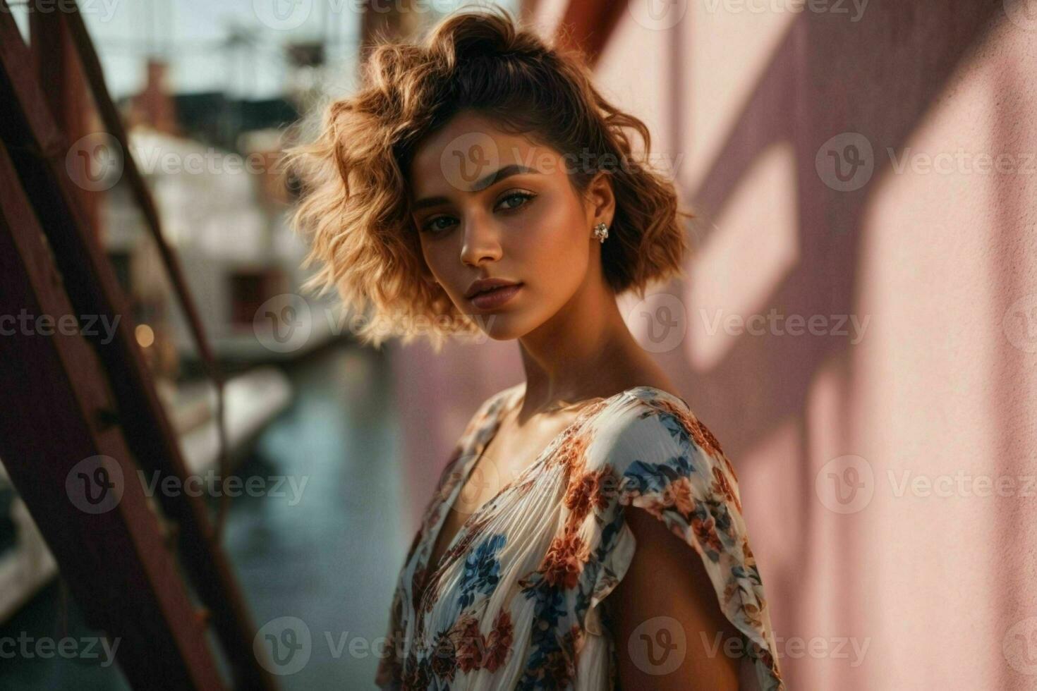 AI generated Stunning beautiful young woman with high contrast shadow and fashionable style photo