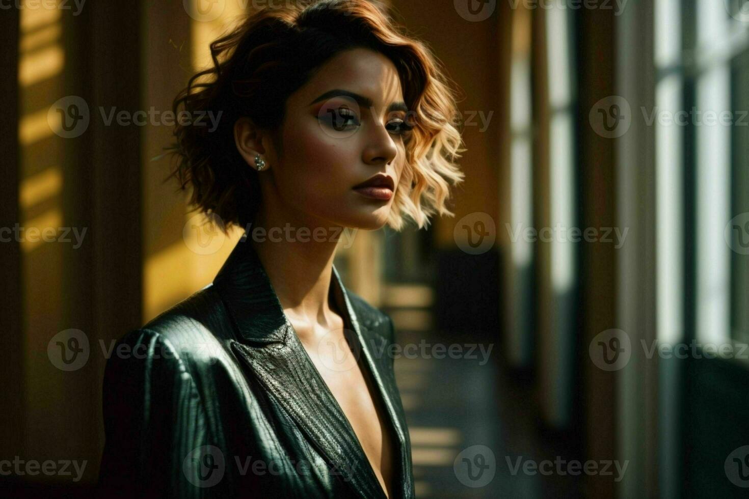 AI generated Stunning beautiful young woman with high contrast shadow and fashionable style photo