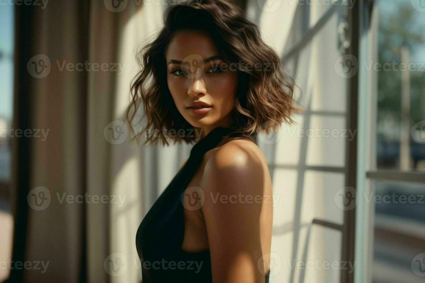 AI generated Stunning beautiful young woman with high contrast shadow and fashionable style photo