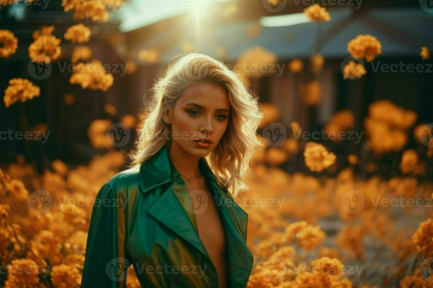 AI generated Stunning beautiful young woman with high contrast shadow and fashionable style photo