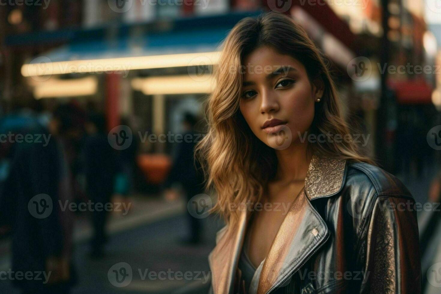 AI generated Stunning beautiful young woman with high contrast shadow and fashionable style photo
