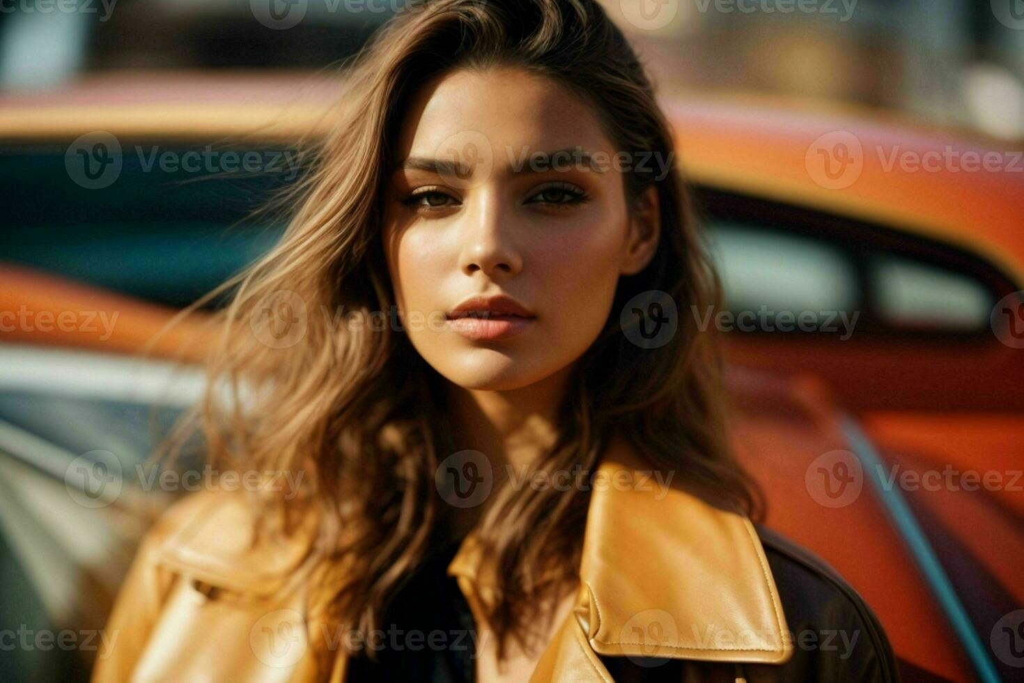 AI generated Stunning beautiful young woman with high contrast shadow and fashionable style photo