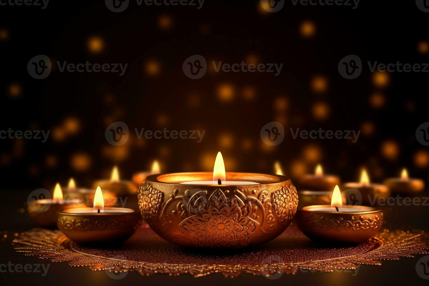 AI generated Diwali festival golden lamps with candle light in dark night bokeh background, AI generative photo