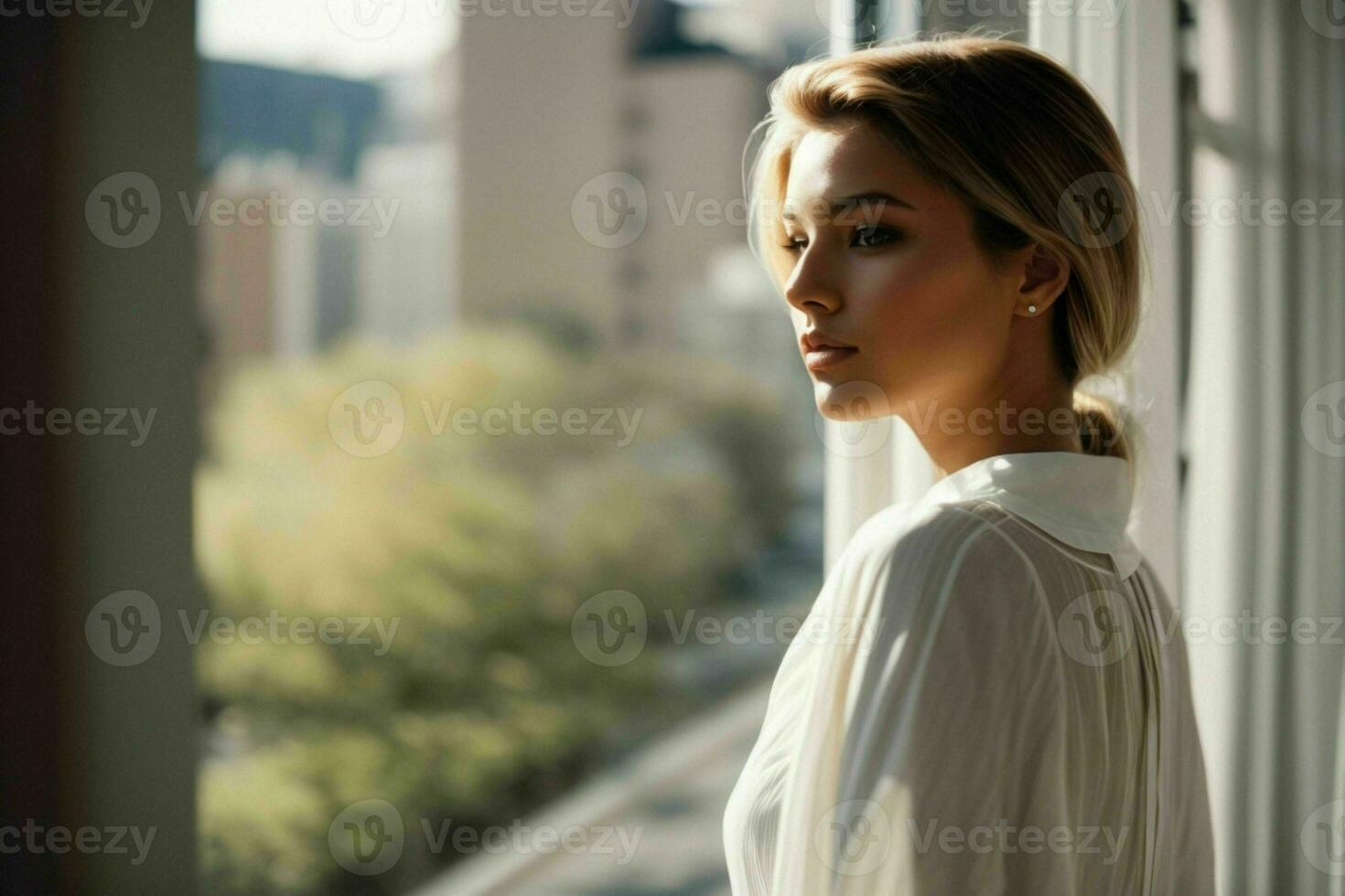 AI generated Stunning beautiful young woman with high contrast shadow and fashionable style photo