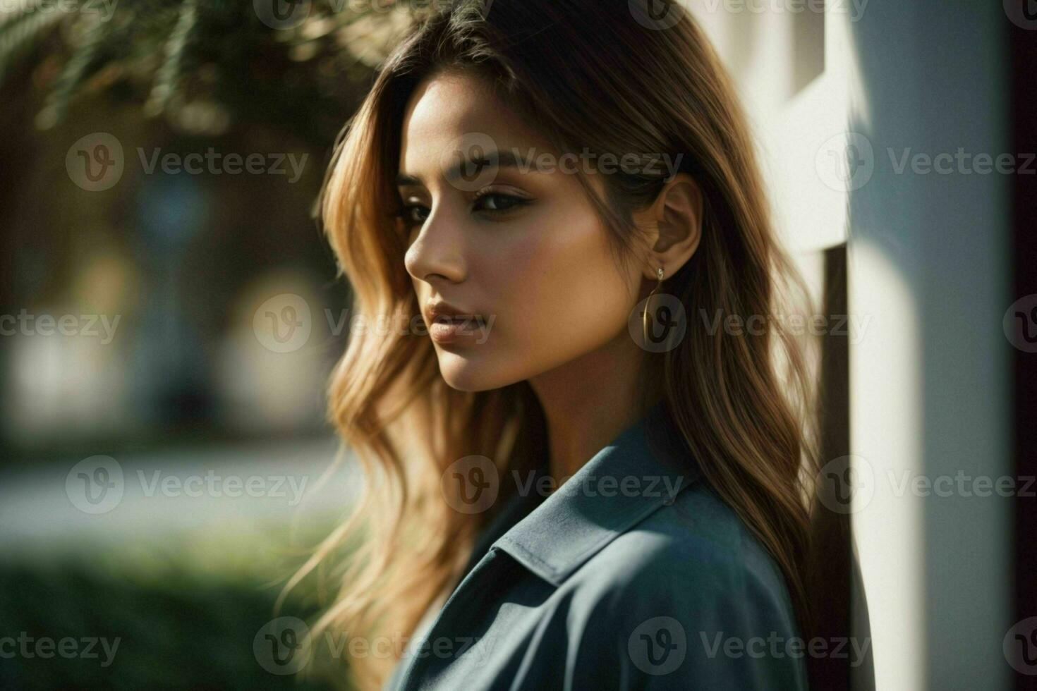 AI generated Stunning beautiful young woman with high contrast shadow and fashionable style photo