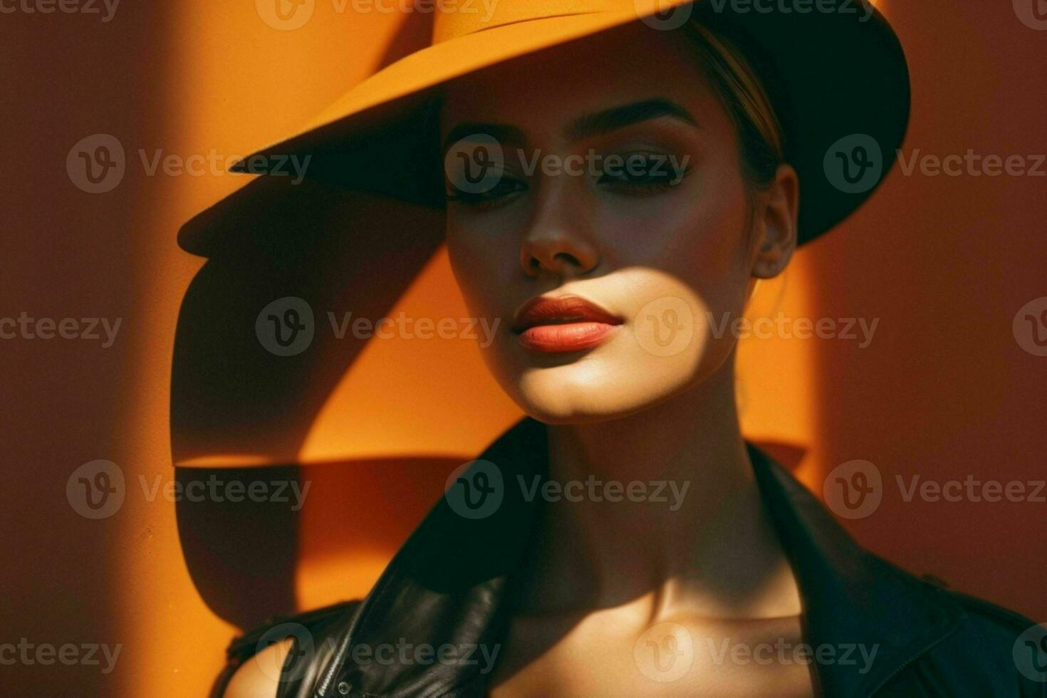 AI generated Stunning beautiful young woman with high contrast shadow and fashionable style photo