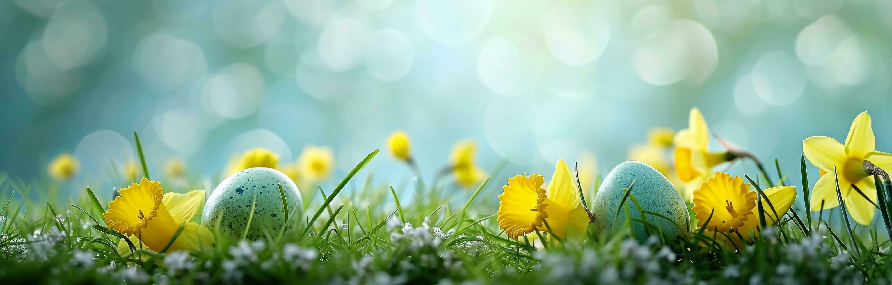 AI generated easter daffodils with bright yellow eggs arranged on grass with sky on the background photo