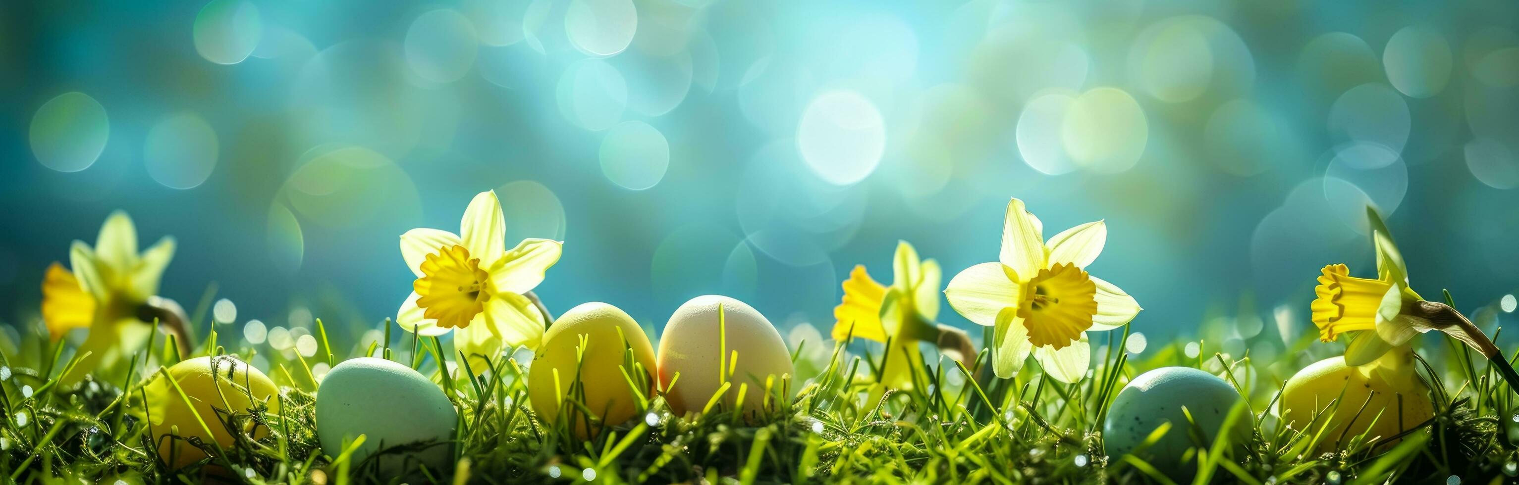AI generated easter daffodils with bright yellow eggs arranged on grass with sky on the background photo