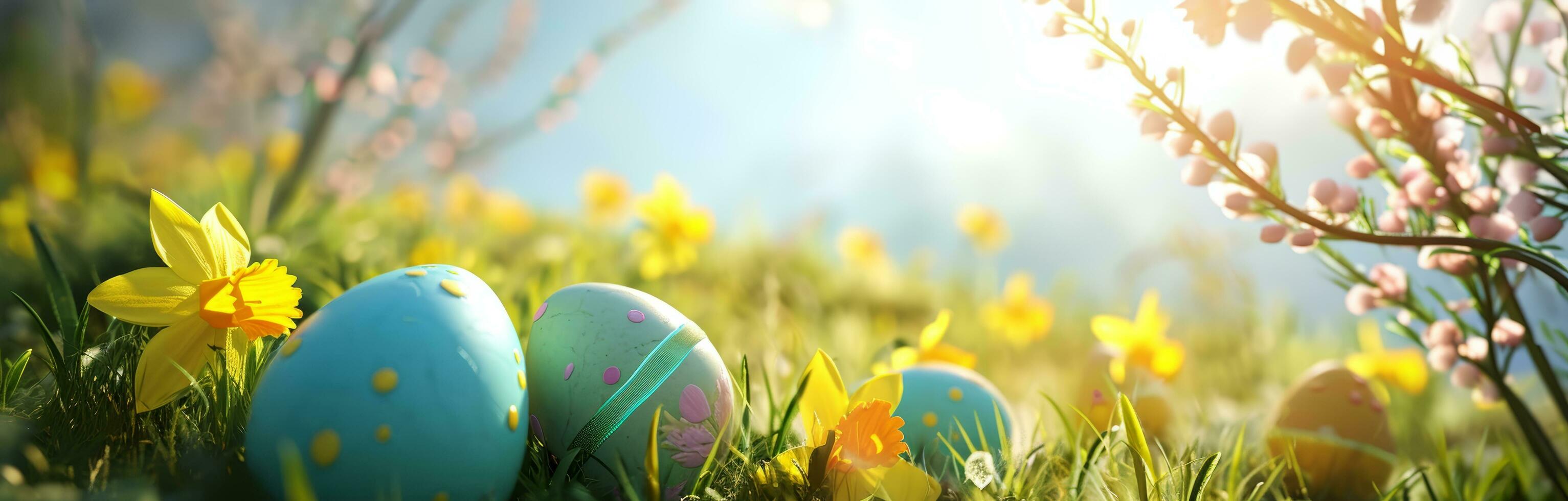 AI generated easter eggs on the grass with yellow daffodils photo