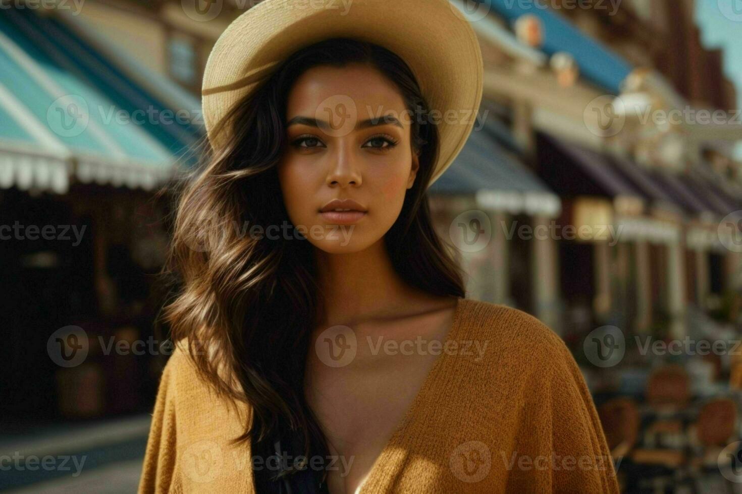 AI generated Stunning beautiful young woman with high contrast shadow and fashionable style photo