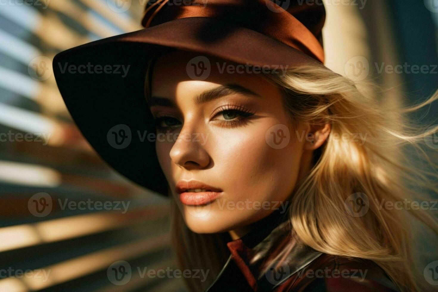 AI generated Stunning beautiful young woman with high contrast shadow and fashionable style photo
