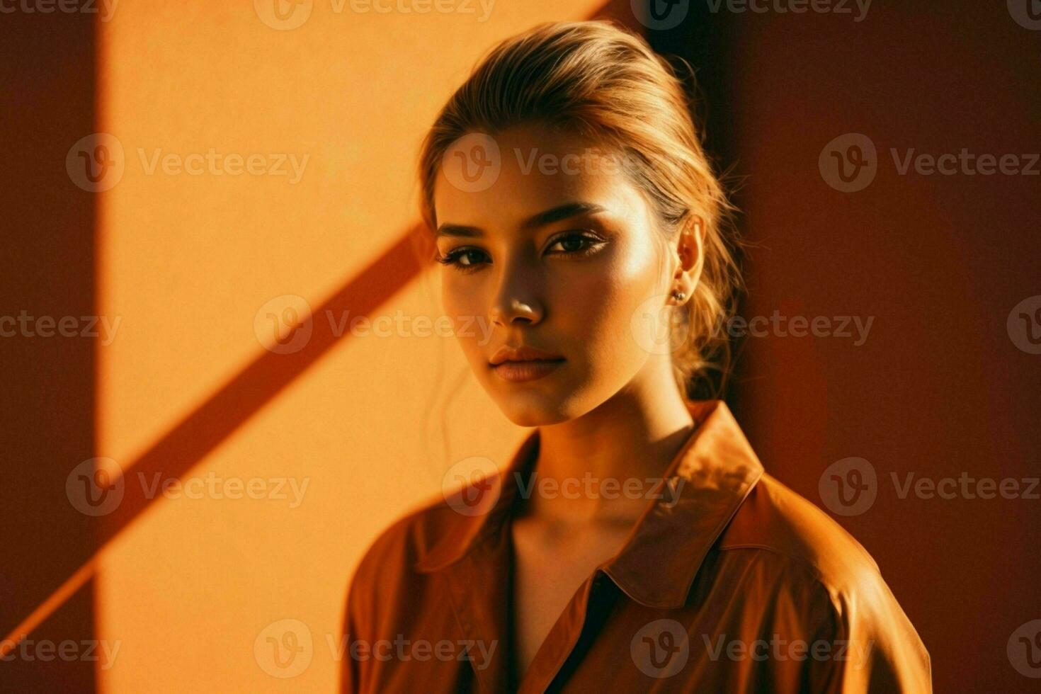 AI generated Stunning beautiful young woman with high contrast shadow and fashionable style photo