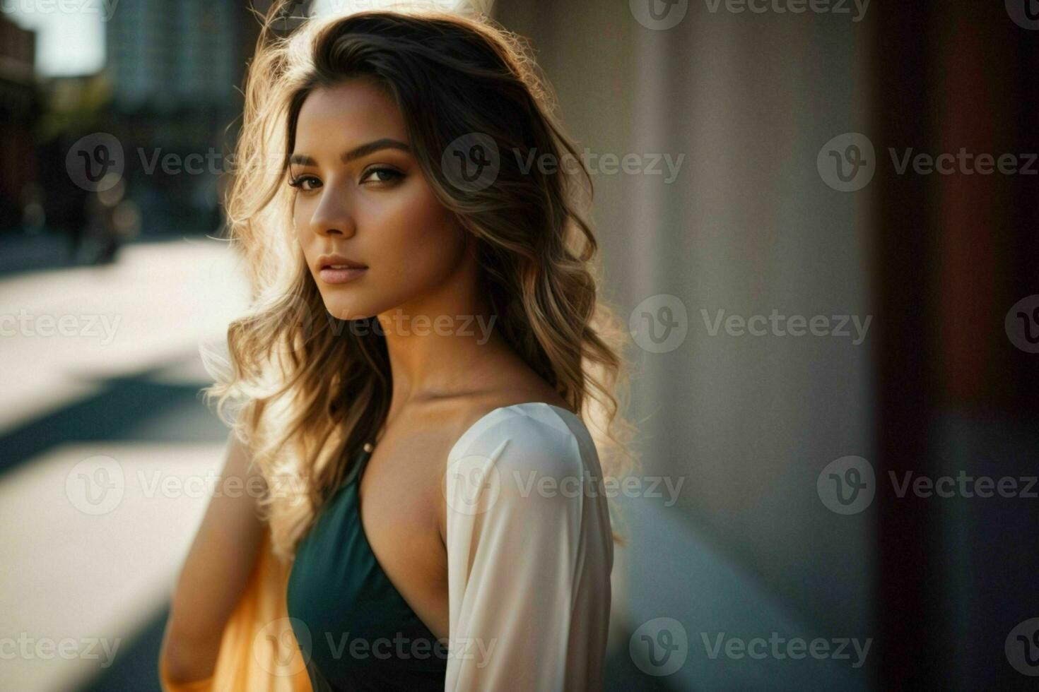 AI generated Stunning beautiful young woman with high contrast shadow and fashionable style photo
