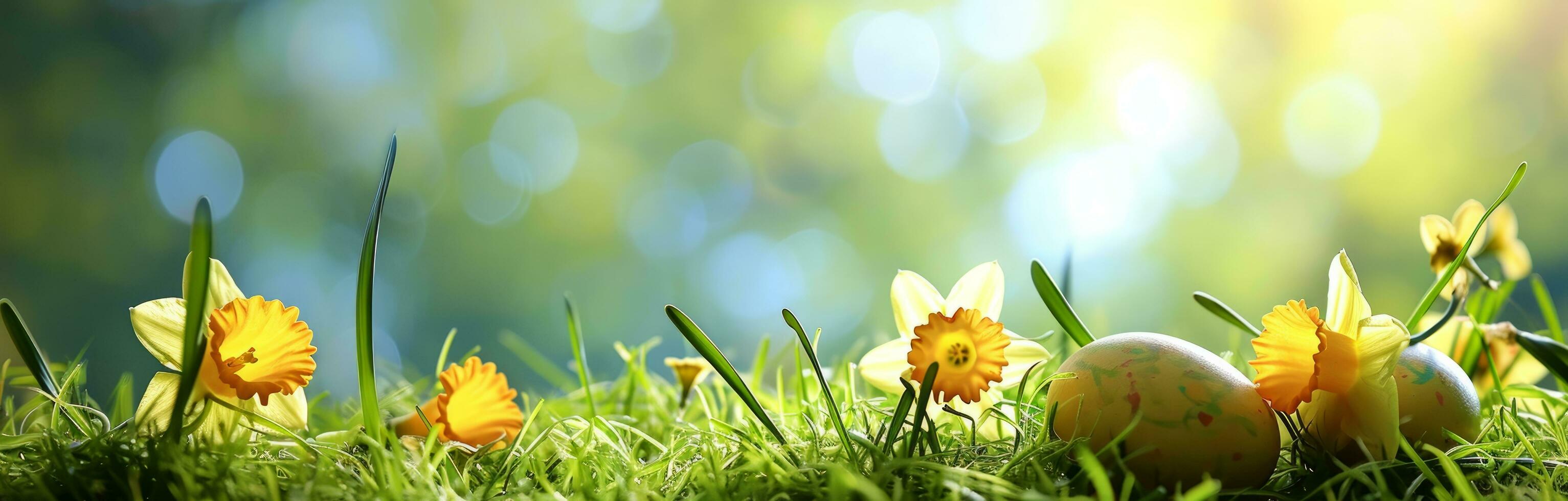 AI generated easter daffodils with bright yellow eggs arranged on grass with sky on the background photo