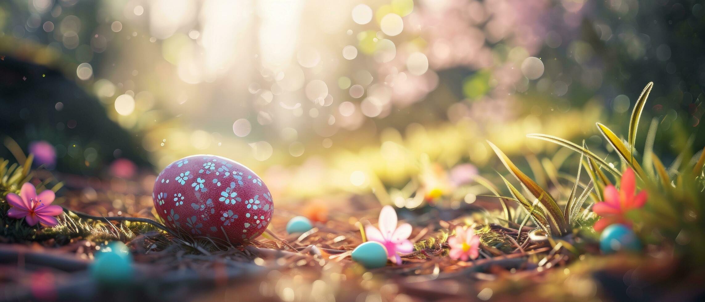 AI generated easter daffodils with bright yellow eggs arranged on grass with sky on the background photo