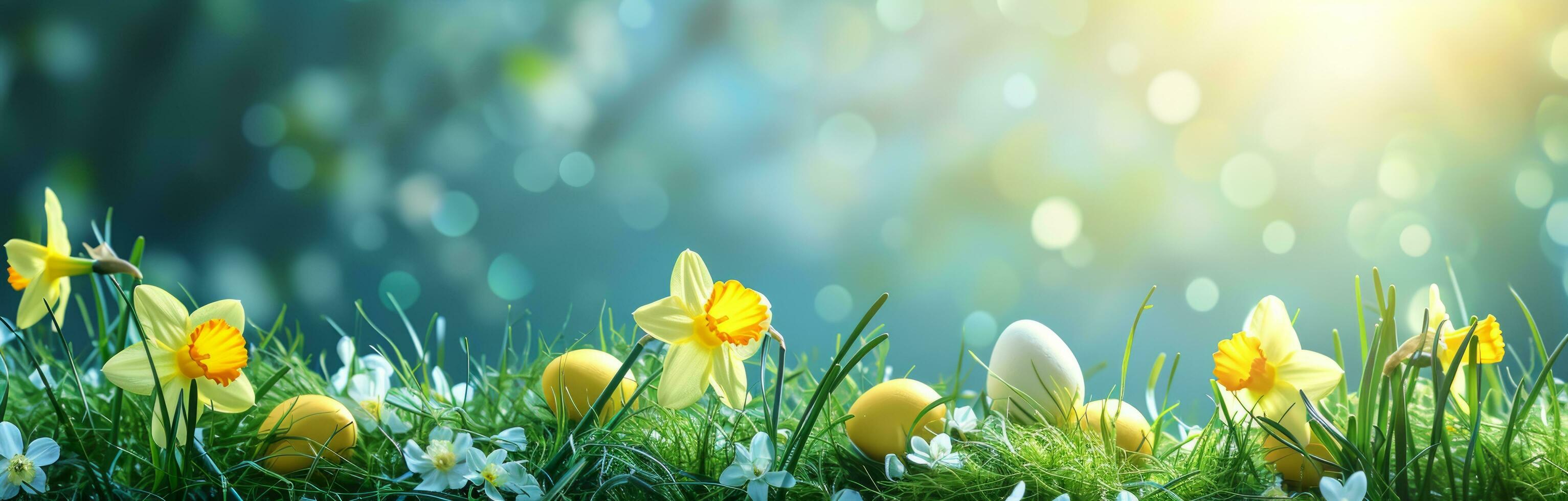 AI generated easter daffodils with bright yellow eggs arranged on grass with sky on the background photo