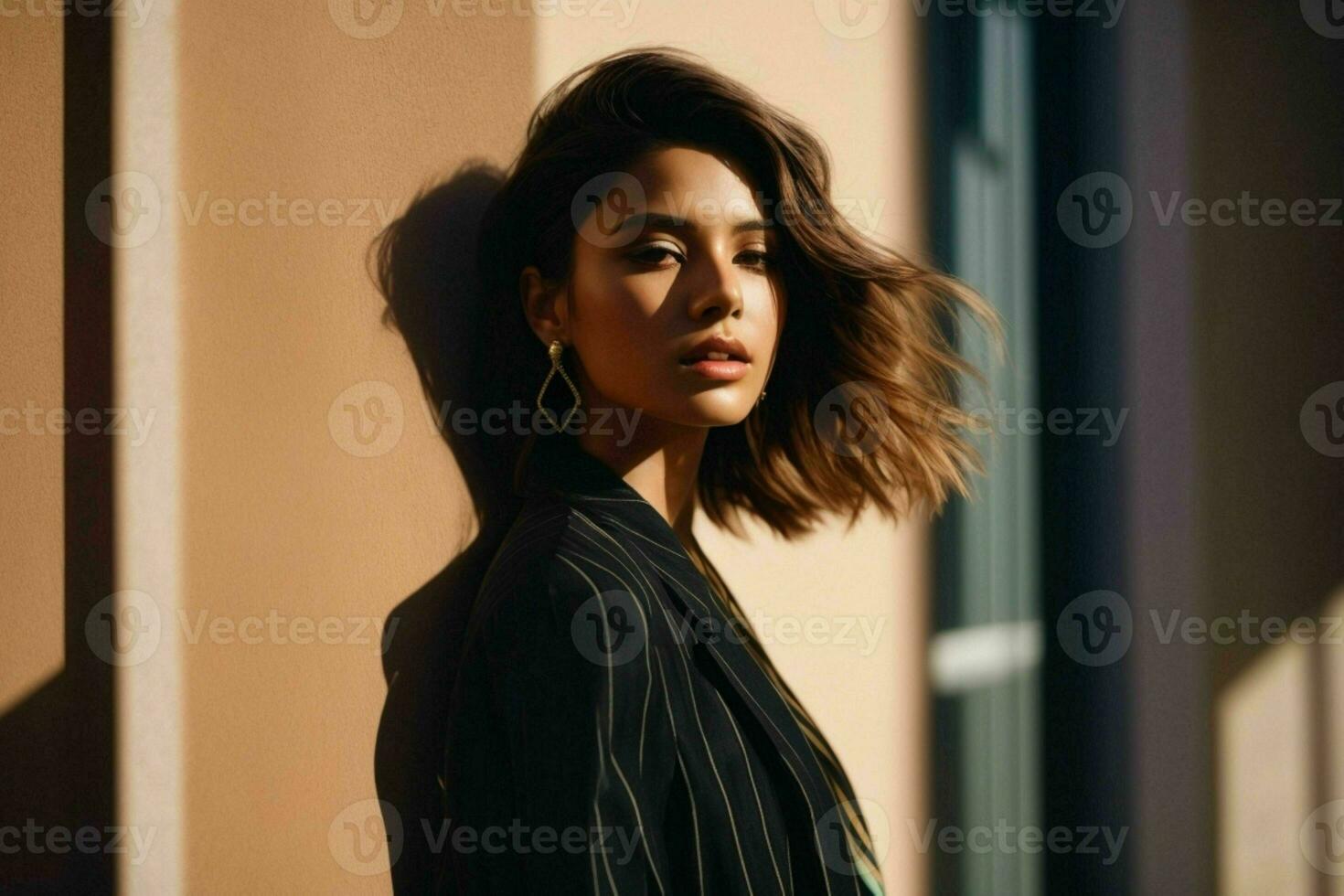 AI generated Stunning beautiful young woman with high contrast shadow and fashionable style photo